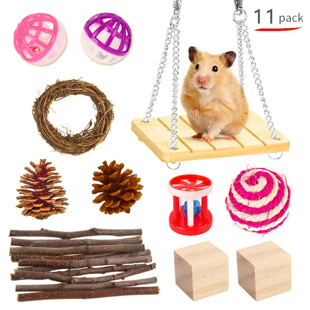 Assortment of natural wooden and woven grass chew toys for small pets like rabbits and guinea pigs