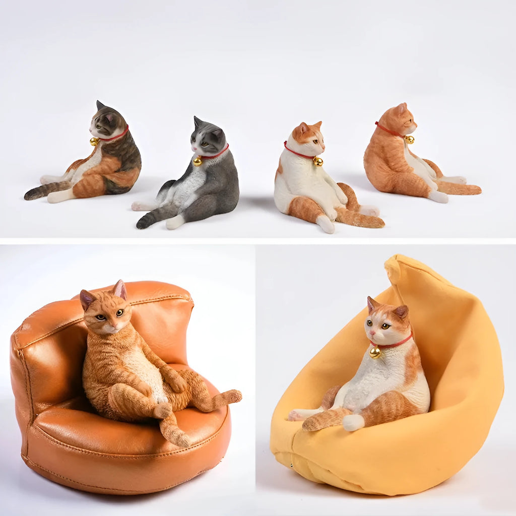 Lazy cat car ornament figure on fabric sofa, 7.5cm high resin model decoration.