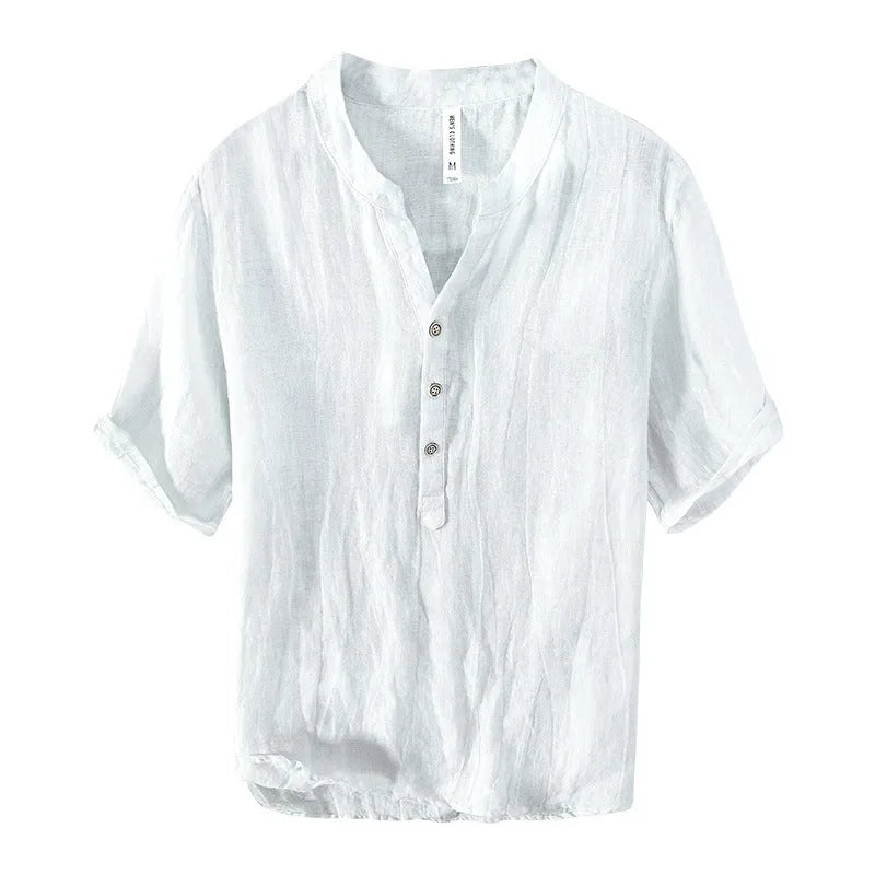 Grey striped linen short sleeve pullover top for men laid flat