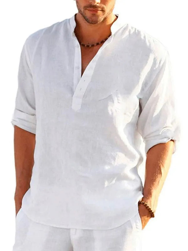 Man wearing striped bamboo hemp short sleeve shirt in British style, showing colour options S9570135 and S9577167.