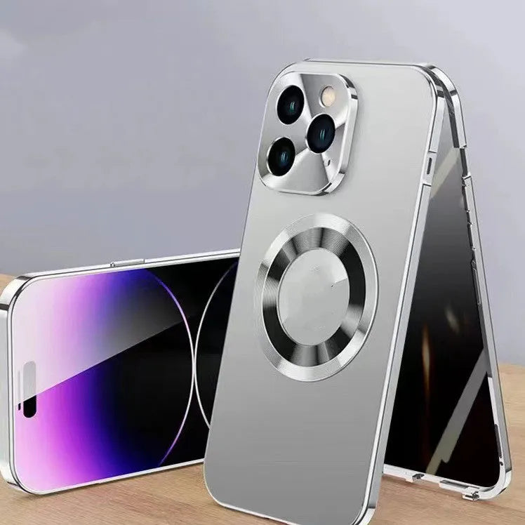 Magnetic iPhone case with anti-peep metal clip in black, blue, gold, purple, and silver colour options.
