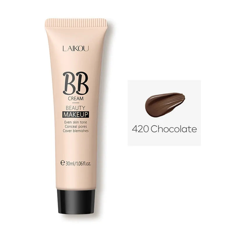 30ml tube of BB cream shown with swatches of its nine shades from light to dark.