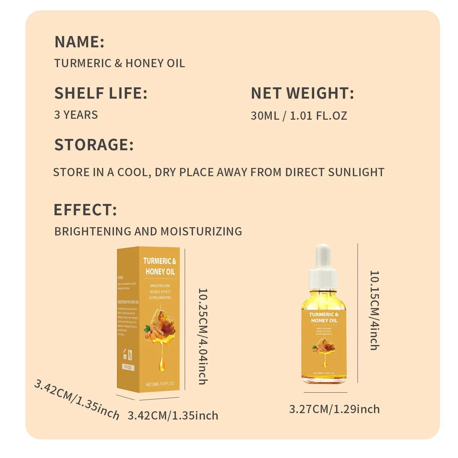30ml bottle of turmeric honey essential oil with neutral packaging and FP-A028 specification code