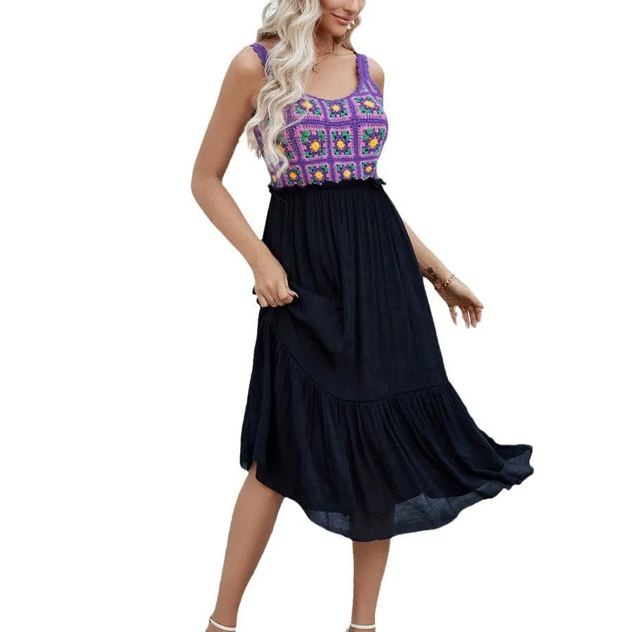 Purple sleeveless dress with hand-hook flower stitching on cotton blend fabric, free size for adult women