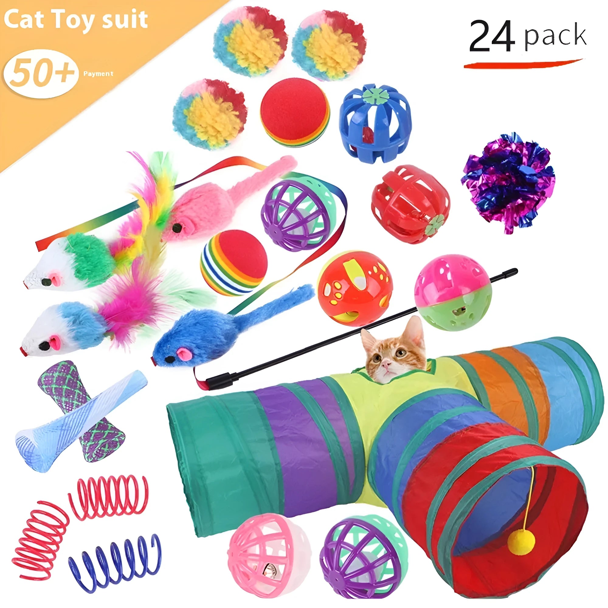 Plastic cat channel tunnel toy set showing single and double layer designs