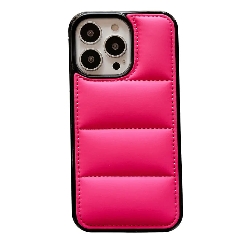 Candy down jacket texture iPhone case in solid colours: black, white, rose red, green.