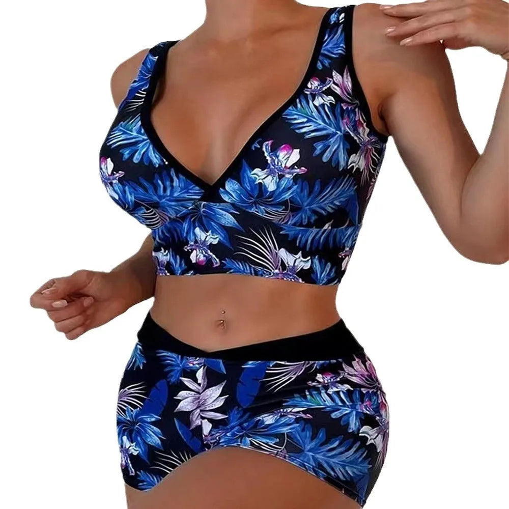 Women's two-piece swimsuit set with sleeveless top and printed boxer briefs in multiple colour options