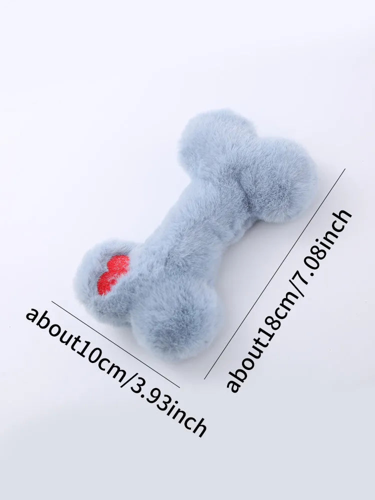 Plush love bone dog toy with squeaker in blue, pink, or yellow colours for interactive play