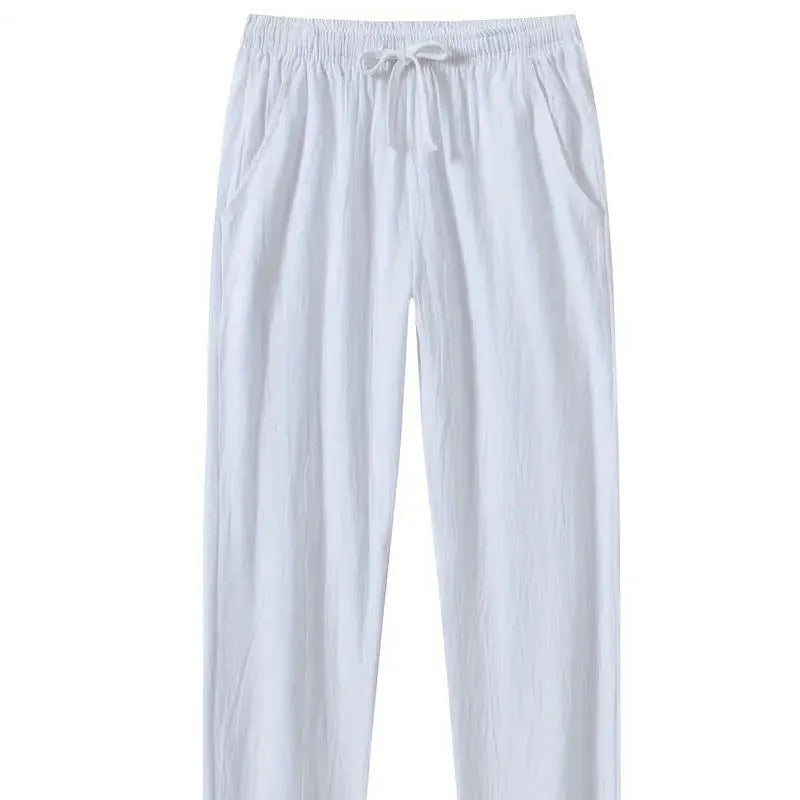 Man's loose-fitting cotton linen casual beach pants in solid khaki colour