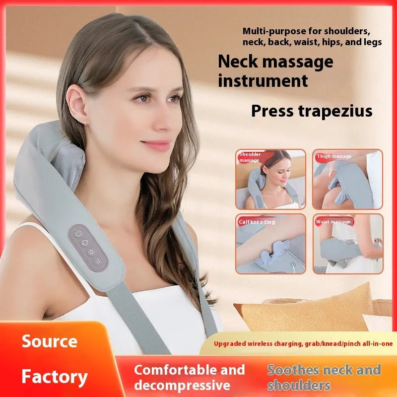 Grey elastic fabric neck and back massager with USB charging port and infrared function