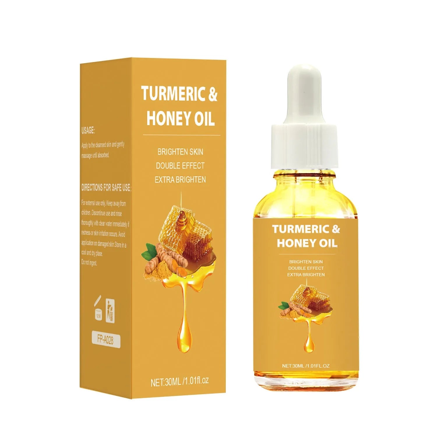 30ml bottle of turmeric honey essential oil with neutral packaging and FP-A028 specification code