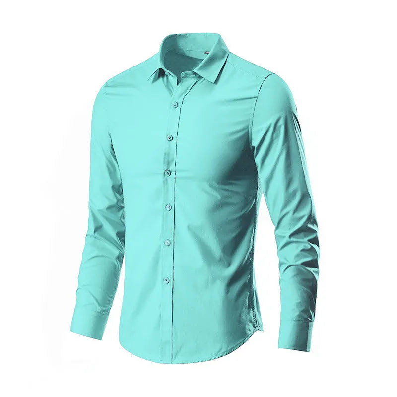Loose fit long sleeve linen shirt on a hanger, shown in a light colour.