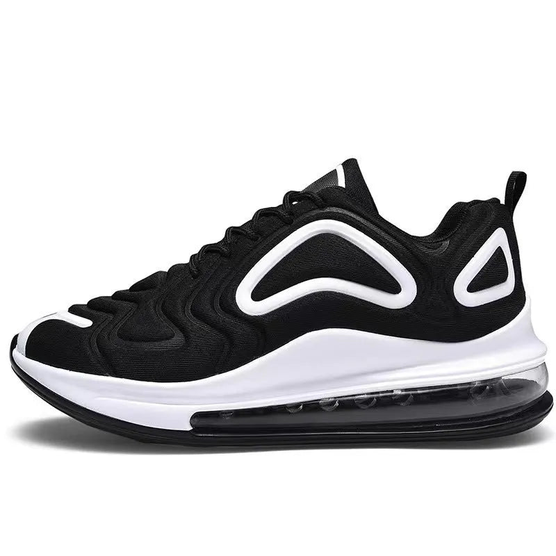 Men's black lace-up sneakers with a thick sole and round toe for outdoor sports.