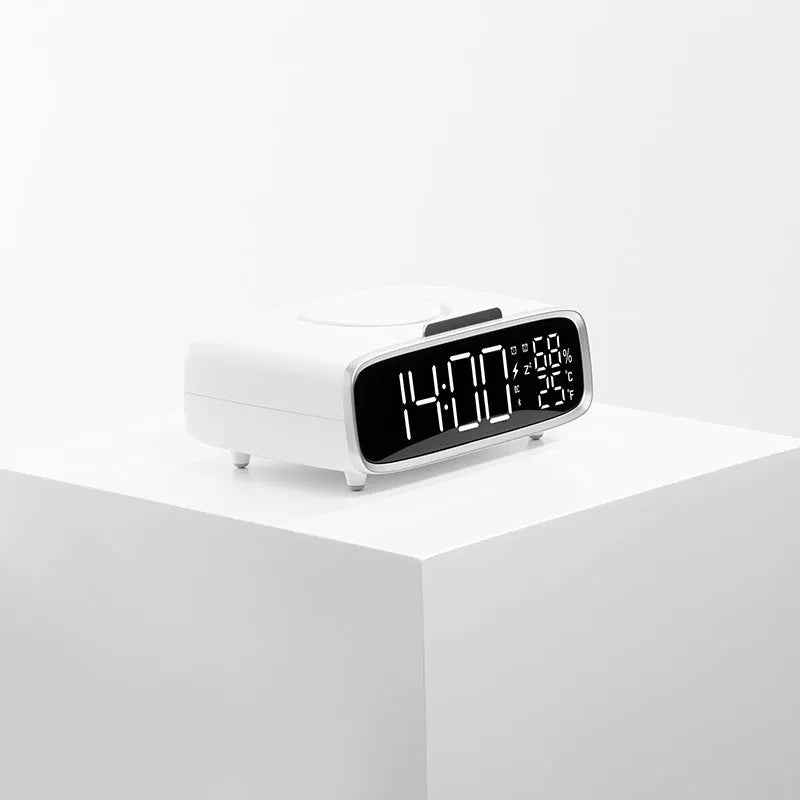 White wireless charging speaker alarm clock with Bluetooth and night light functions
