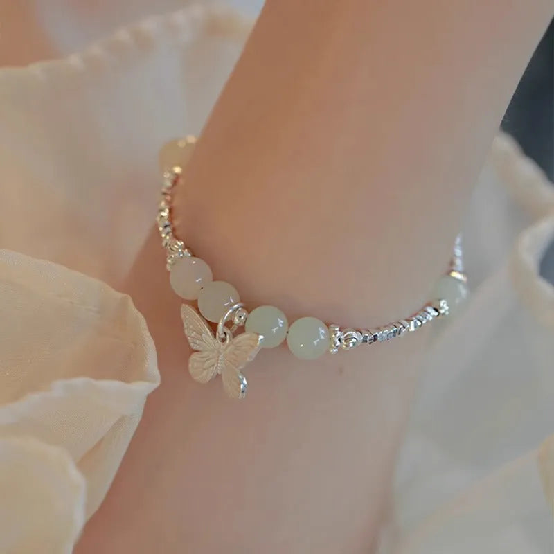 Hetian jade butterfly bracelet or necklace in electroplated copper, women's niche jewellery, silver tone