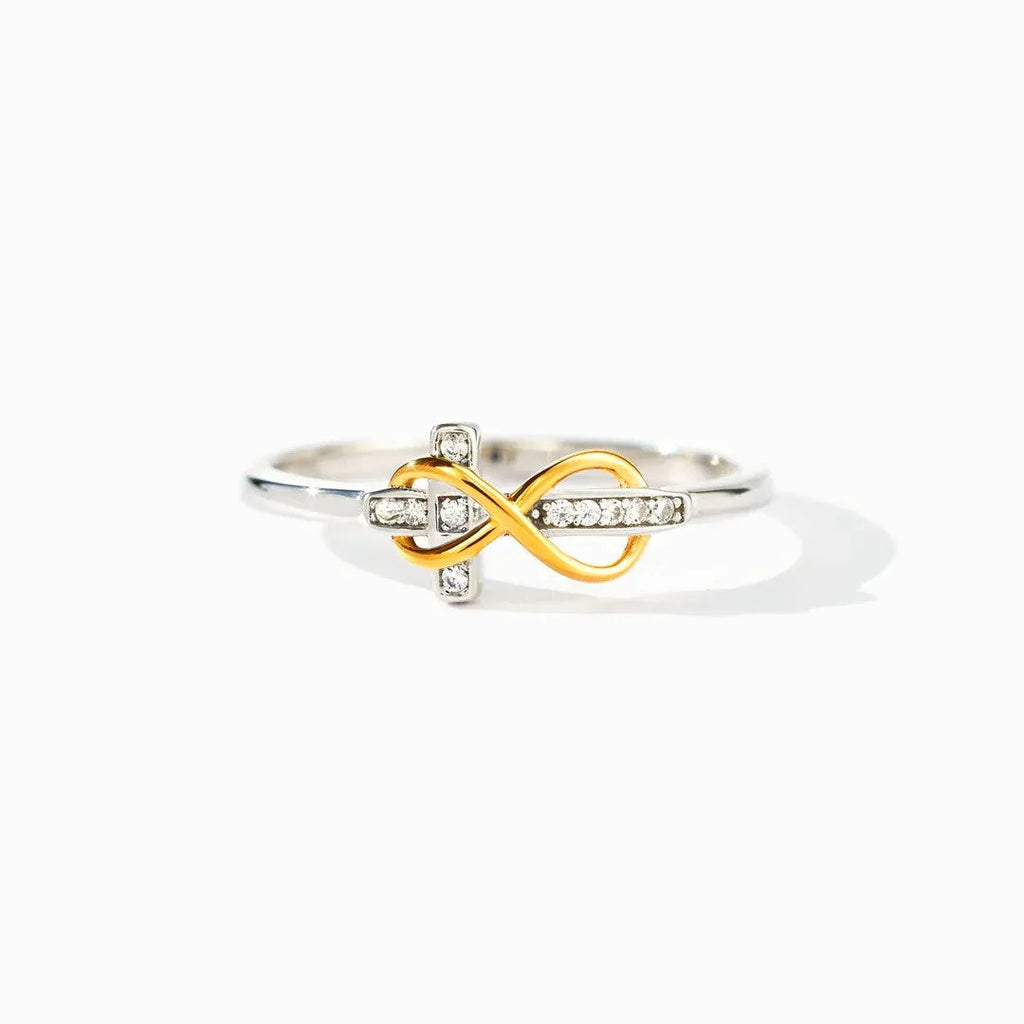 S925 sterling silver infinite cross ring with two-tone electroplated finish and geometric line design