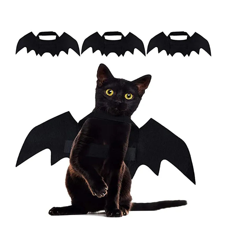 Black felt Halloween bat wings for cats and small dogs with Velcro neck and chest straps, 1PC