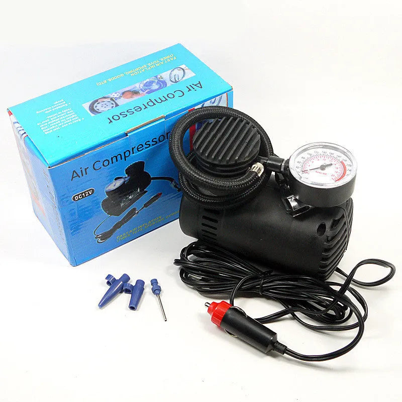 Black 12V mini portable car air pump on a white background.