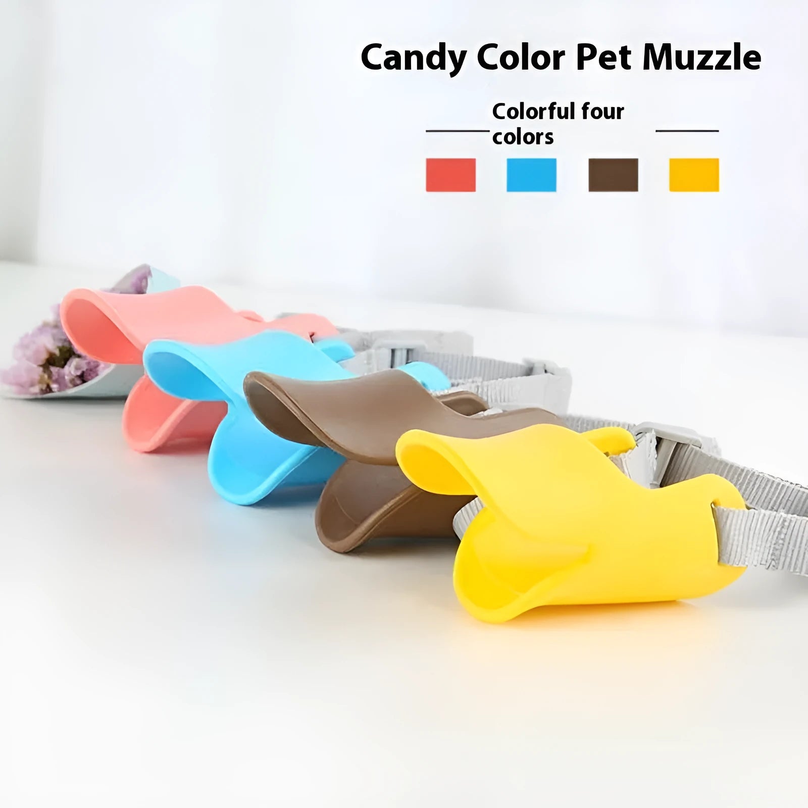 Blue TPR dog duckbill muzzle mouth cover for small to medium dogs, side view on light background