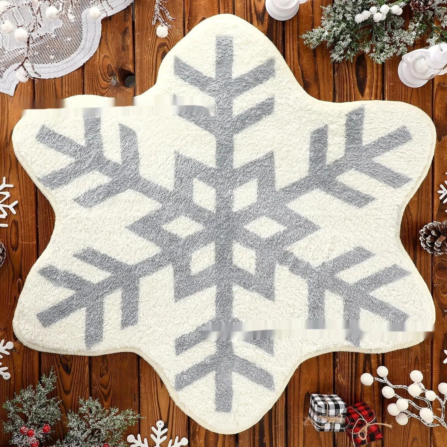 Christmas-themed printed round polyester rug on a wooden floor