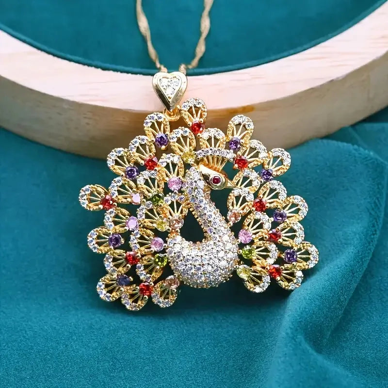 Peacock design pendant necklace with colourful micro inlaid zircon and real gold plating over copper