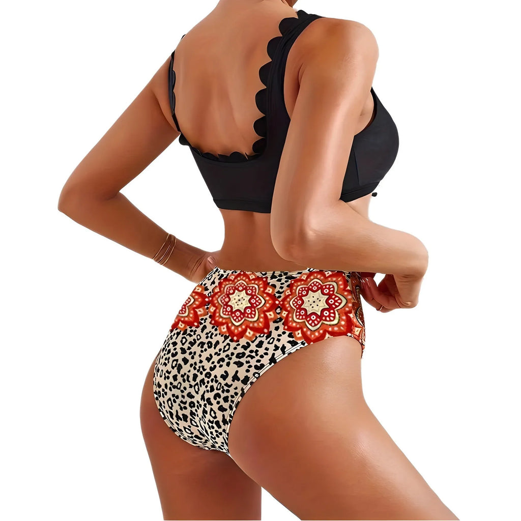 Black large V-neck printed bikini set with chest cross rope and lace, polyester spandex