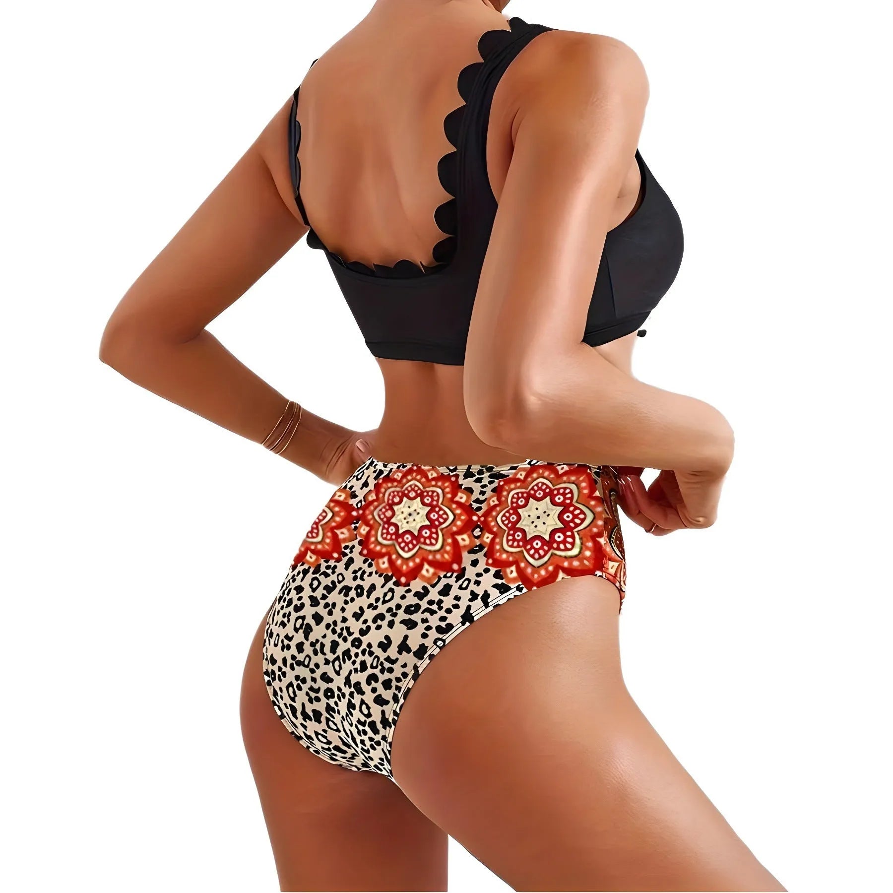Black large V-neck printed bikini set with chest cross rope and lace, polyester spandex