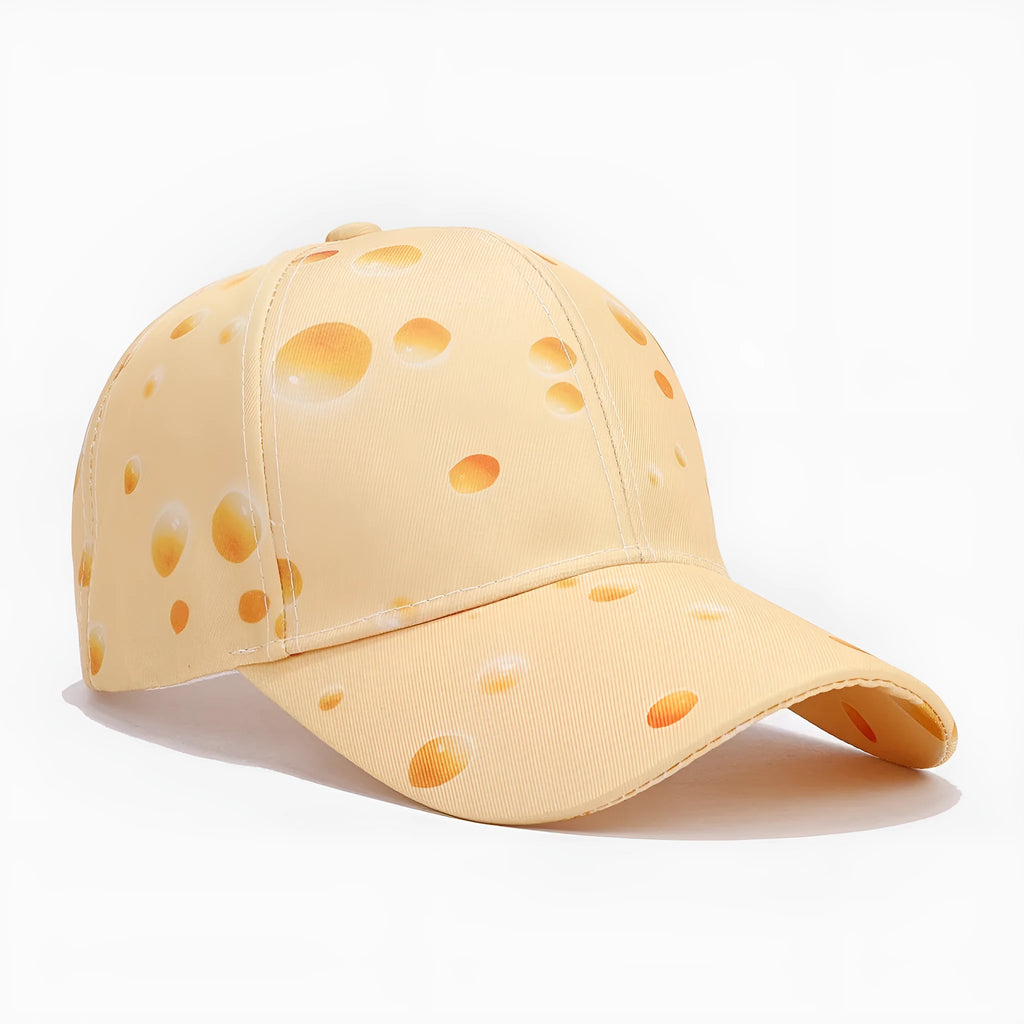 Printed cheese pattern adjustable peaked cap with dome crown and polyester construction