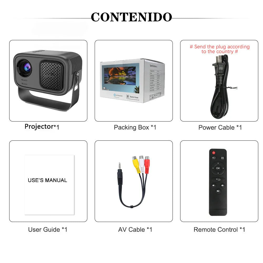 Black HD smart portable projector with remote control and cables for home office use