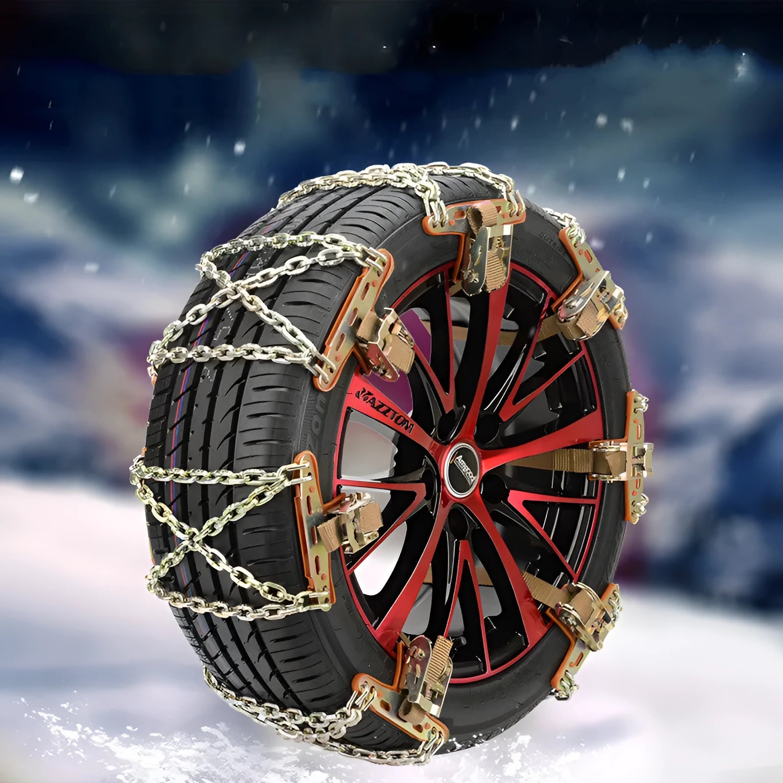 Car snow chain made of steel with Oxford pad and nylon tightening strap for winter tyre traction, approximately 40.5x15cm
