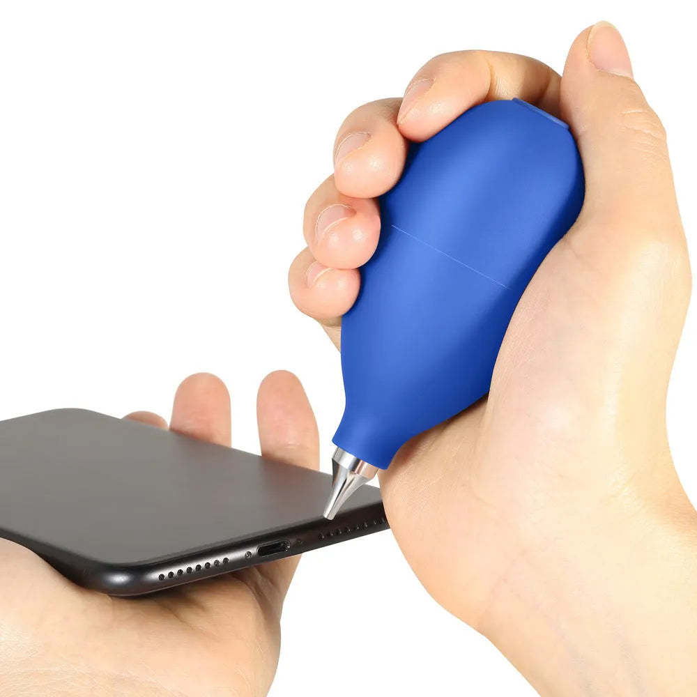 Blue handheld rubber dust blower cleaning tool for camera lenses and mobile phones.