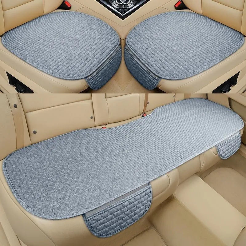 Linen plaid car cushion set with hemming edge in choice of three colours for four seasons universal use