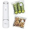 White USB electric vacuum sealer pump and five clear plastic 26x28cm storage bags.