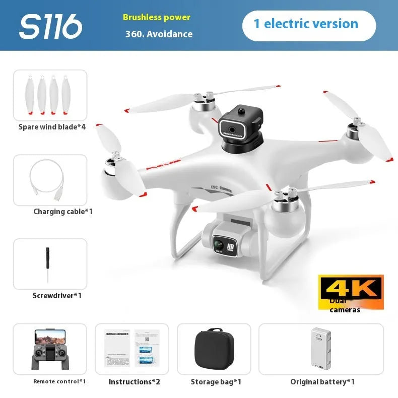 Black and white plastic brushless UAV drone with four obstacle avoidance sensors and a camera.