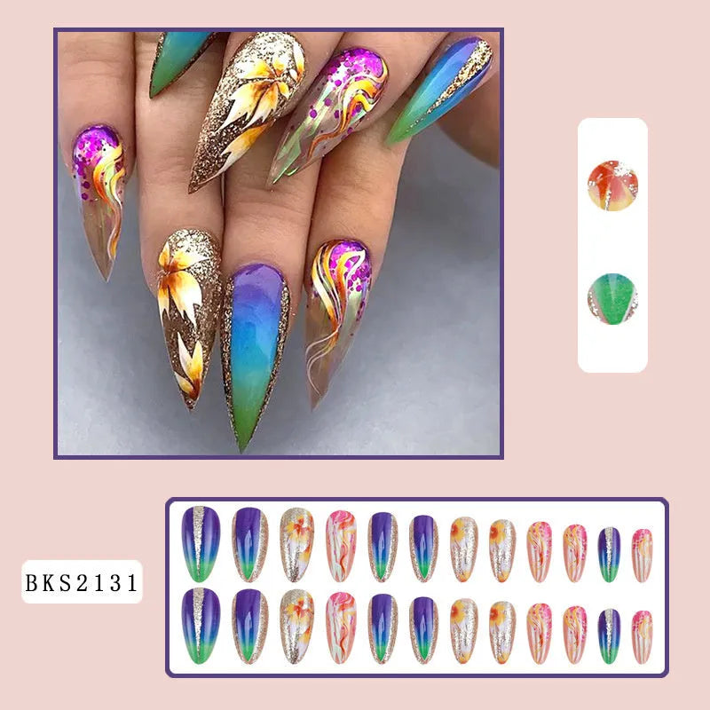 Colourful lines almond-shaped nail stickers in European Square style with four colour options