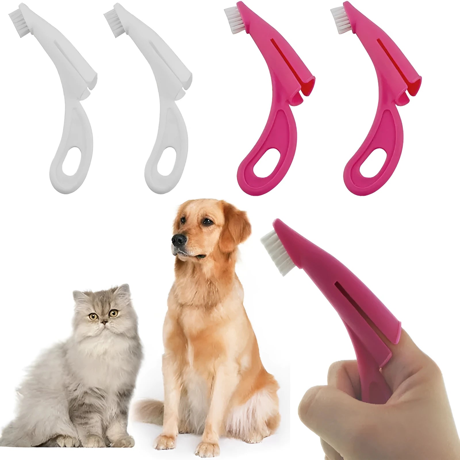 Red and white pet finger toothbrush for dogs and cats with silicone bristles and finger-sleeve design