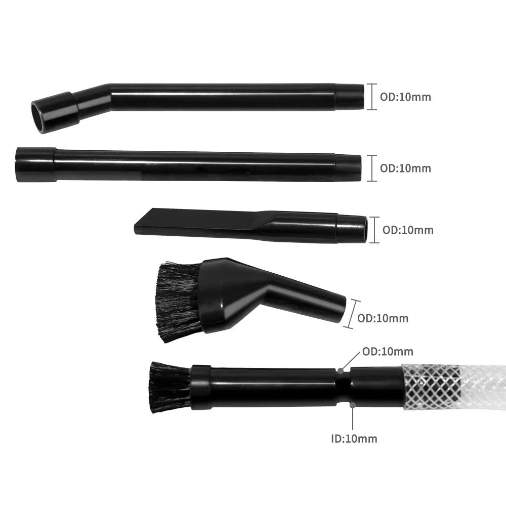 Eight-piece vacuum cleaner accessory set including a small suction head, dusting brush, crevice tool, and upholstery nozzle arranged on a white background.