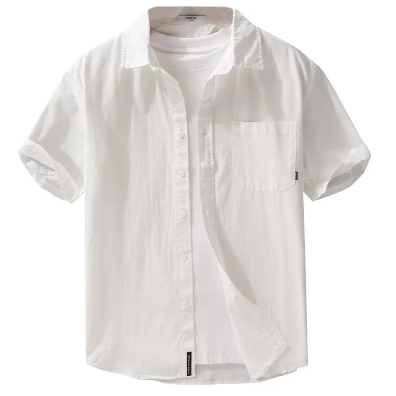Men's short sleeve cotton shirt in loose cardigan style available in five colours with Asian sizing