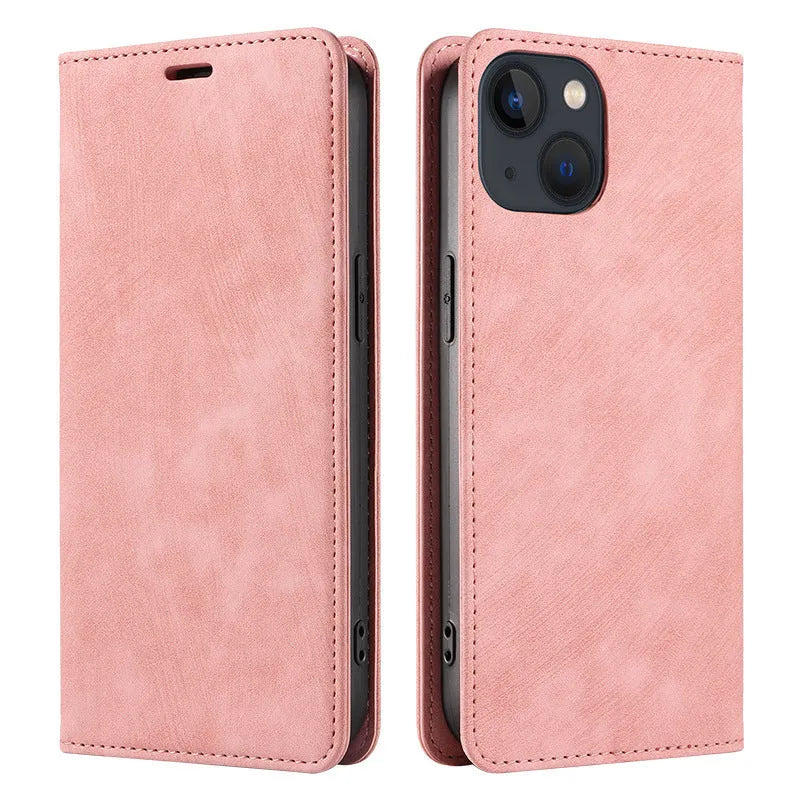 Magnetic flip phone case for iPhone in leather and TPU, shown closed and open with cards in slots.