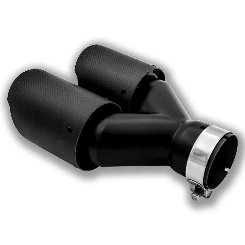 Black carbon fibre car exhaust silencer with double outlet tail pipe, 250mm vehicle modification component