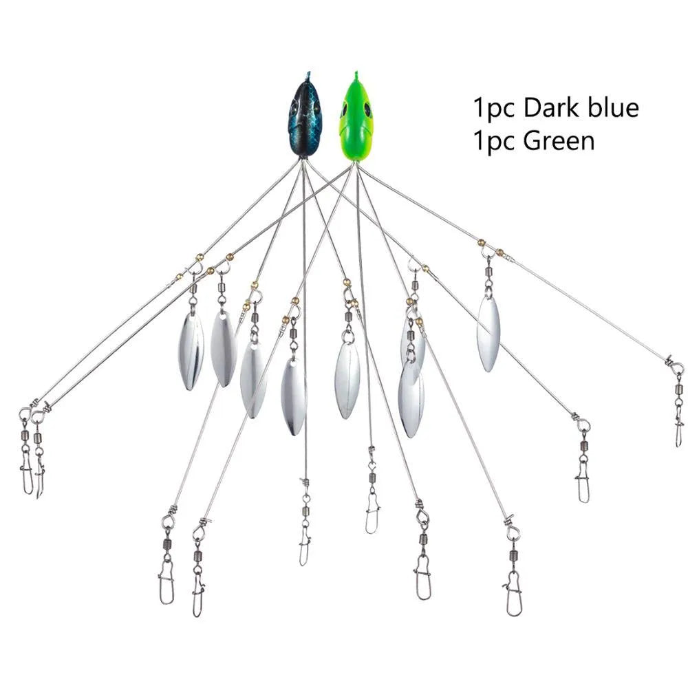 Bassdash umbrella fishing lure rig with 5 swivels and rotating metal sequins in green colour