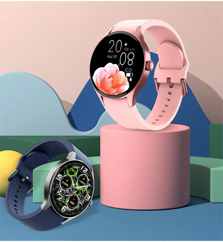 Smart Bluetooth sport watch with round screen shown in black, blue, pink, and red colour options.