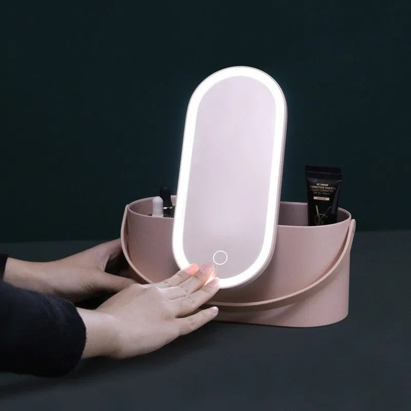 Portable LED light storage box makeup mirror with aluminium mirror lens in pink colour