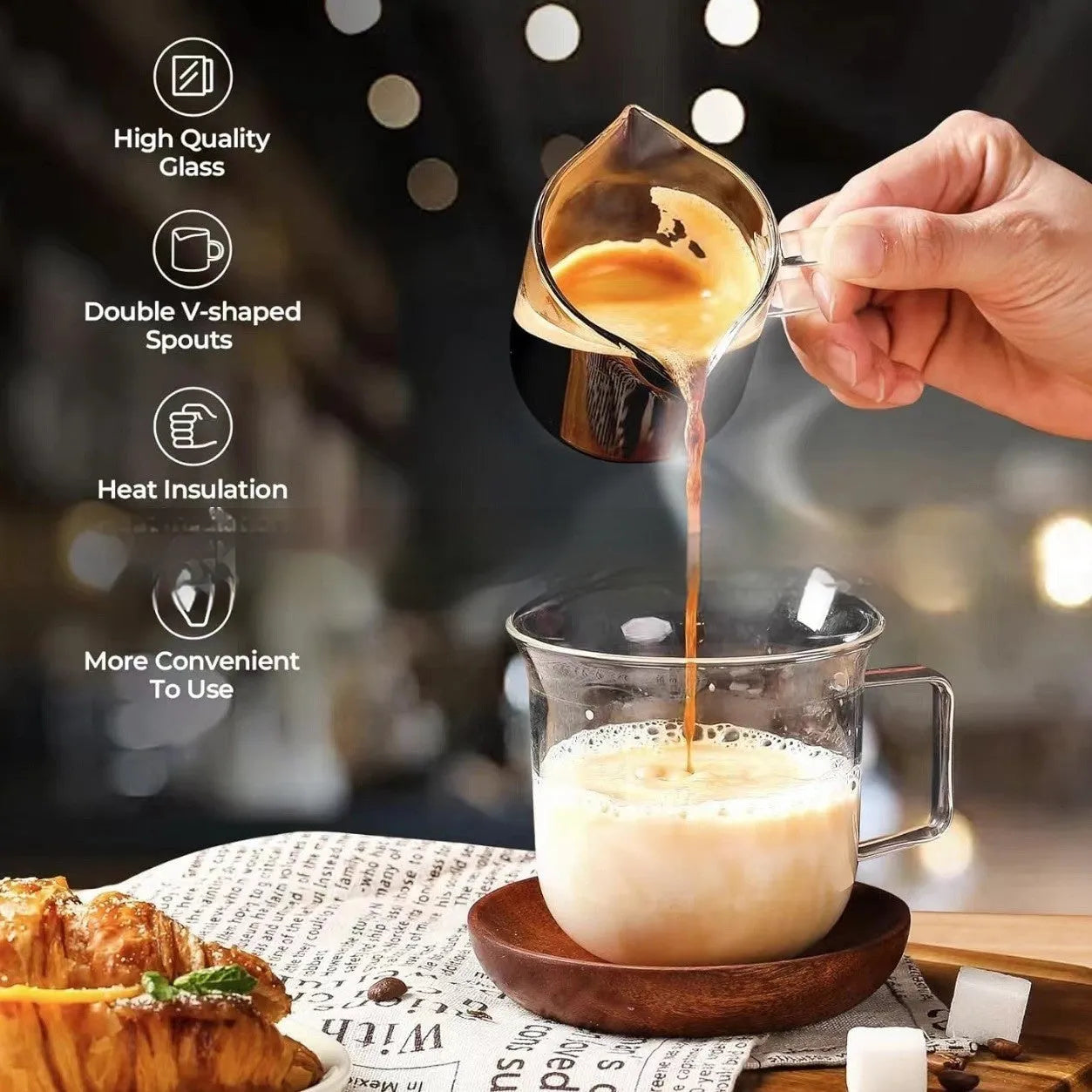 Transparent double-mouth coffee glasses with white styling for espresso and flat white drinks