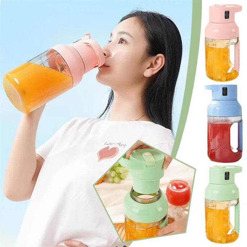 Portable electric juicer blender with 1500ml capacity in emerald green colour, showing USB charging port and double handles.