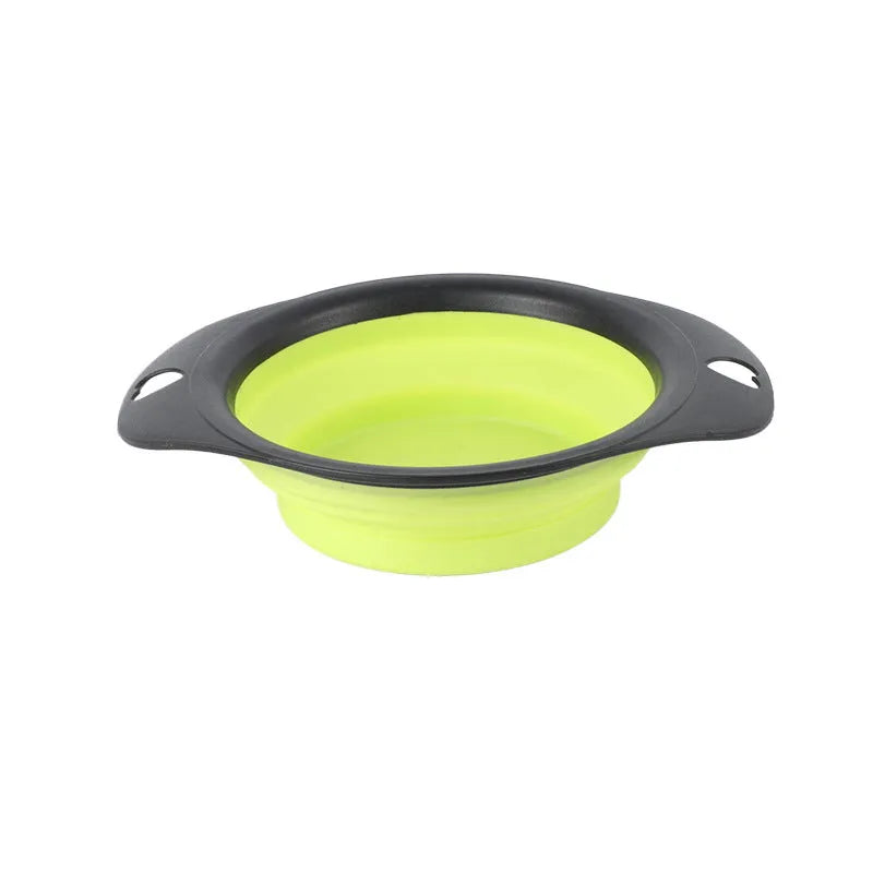 Silicone folding pet bowl shown open as shallow dish and folded flat for storage