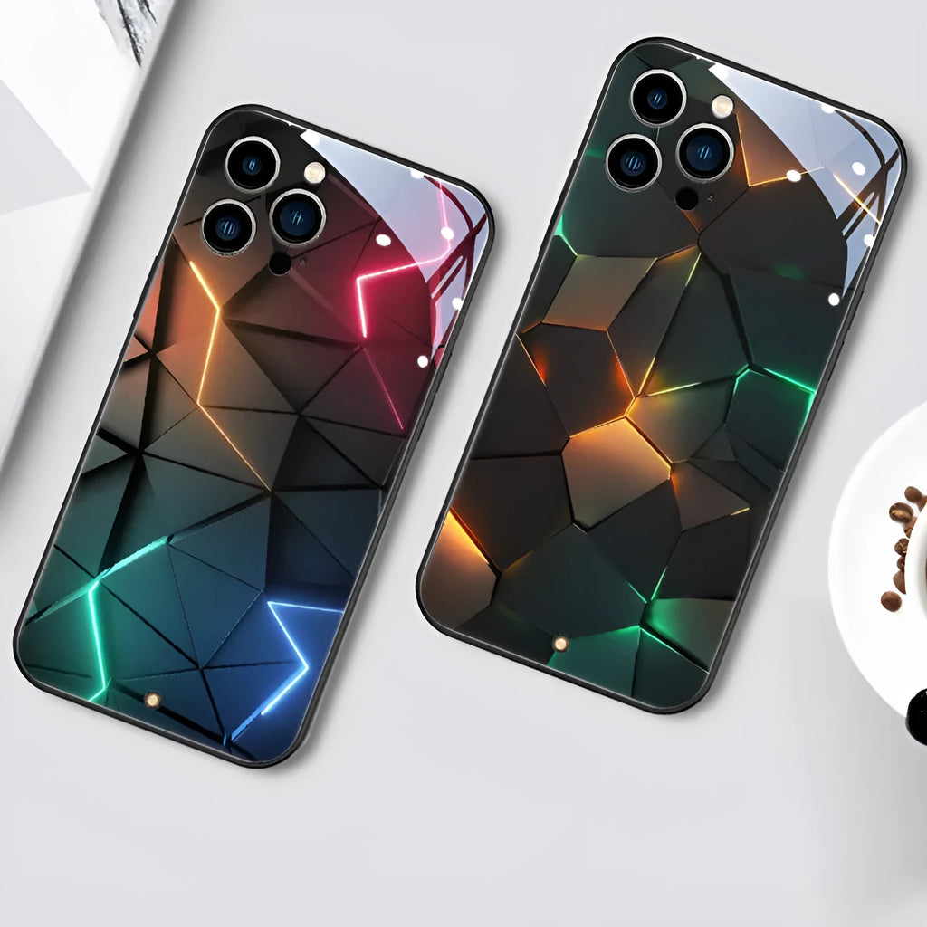 Xpress 14 iPhone case with illuminated light notification around edges, showing tempered glass back on a desk.