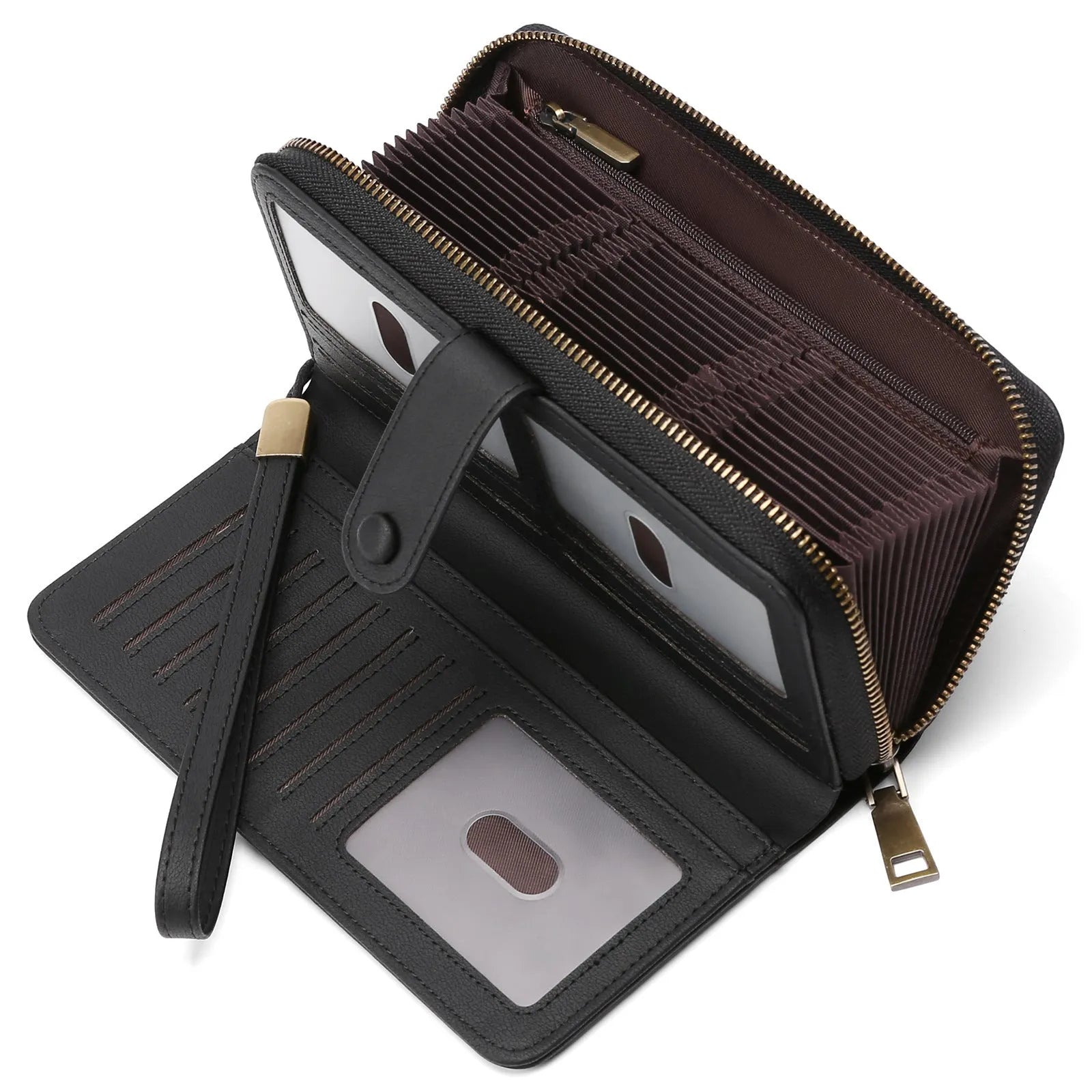 Light brown expanding card holder wallet for women showing multiple card slots and anti-theft swiping feature.