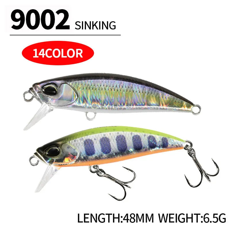 Tossing Japanese Submerged Mino hard fishing lure, 48mm long, shown in one of fourteen colour variations for predator fishing.