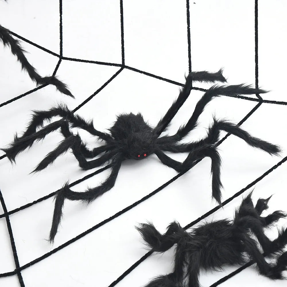 Halloween decoration set with 50cm black polyester spider and 3.6m white web circles